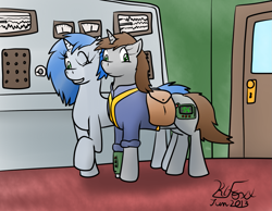 Size: 1173x908 | Tagged: safe, artist:the-furry-railfan, oc, oc only, oc:homage, oc:littlepip, species:pony, species:unicorn, fallout equestria, door, fanfic, fanfic art, female, hooves, horn, mare, pipabetes, pipbuck, recording studio, saddle bag, smiling, teeth, vault suit