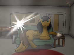 Size: 1280x960 | Tagged: safe, artist:the-furry-railfan, oc, oc only, oc:twintails, species:pegasus, species:pony, fallout equestria, couch, door, fallout equestria: occupational hazards, lying down, projector, prone, solo, stable 34, stable-tec, table