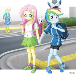 Size: 800x800 | Tagged: safe, artist:uotapo, character:angel bunny, character:derpy hooves, character:fluttershy, character:rainbow dash, my little pony:equestria girls, :<, backpack, bandaid, barrette, blushing, boots, clothing, cute, cutie mark accessory, cutie mark hair accessory, cutie mark on clothes, dashabetes, day, derpabetes, digital art, dress, female, football, frown, holding hands, looking up, outdoors, patch, randoseru, road, schoolgirl, shirt, shoes, shorts, shy, shyabetes, skirt, smiling, sneakers, socks, uotapo is trying to murder us, younger