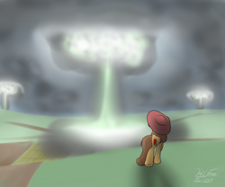 Size: 3600x3000 | Tagged: safe, artist:the-furry-railfan, oc, oc only, oc:vera lynn, species:earth pony, species:pony, fallout equestria, balefire bomb, clothing, dirt road, explosion, fallout equestria: empty quiver, fanfic, fanfic art, farm, female, hat, hooves, mare, megaspell, megaspell explosion, mushroom cloud, nuclear explosion, solo, sun hat, wheat field, wtf boom!