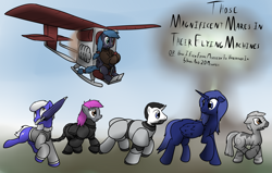 Size: 2511x1602 | Tagged: safe, artist:the-furry-railfan, oc, oc only, oc:aerith, oc:caution tape, oc:crash dive, oc:night strike, oc:scouring charge, oc:static charge, species:alicorn, species:earth pony, species:pegasus, species:pony, species:unicorn, species:zebra, fallout equestria, aircraft, clothing, enclave armor, fallout equestria: empty quiver, flying, flying machine, grand pegasus enclave, jacket, mushroom cloud, poster, power armor, running, steel ranger, steel rangers, teaser, umbrella