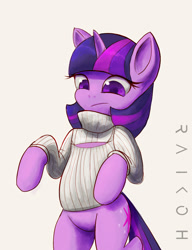 Size: 701x913 | Tagged: safe, artist:grissaecrim, character:twilight sparkle, clothing, female, keyhole turtleneck, open-chest sweater, semi-anthro, solo, sweater, turtleneck