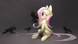 Size: 1920x1080 | Tagged: safe, artist:underpable, part of a set, character:fluttershy, species:bird, species:crow, species:pegasus, species:pony, bioshock, bioshock infinite, crossover, cute, eye contact, female, glowing eyes, gradient background, gray background, long tail, looking at each other, mare, murder of crows, raised hoof, simple background, sitting, smiling, underhoof, vigor, wallpaper