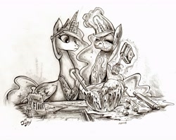 Size: 5392x4268 | Tagged: safe, artist:jowyb, character:princess celestia, character:princess luna, character:tiberius, absurd resolution, baking, chef's hat, clothing, eyes closed, food, hat, messy, monochrome, smiling