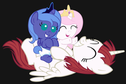 Size: 4500x3000 | Tagged: safe, artist:beavernator, character:princess celestia, character:princess luna, oc, oc:fausticorn, species:alicorn, species:pony, alicorn oc, baby, baby alicorns, baby celestia, baby luna, baby pony, cewestia, cute, diaper, diapered, diapered fillies, diapered foals, faustabetes, female, filly, foal, hug, lauren faust, mare, on back, pink-mane celestia, white diapers, woona, young