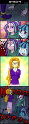 Size: 800x3400 | Tagged: safe, artist:uotapo, character:adagio dazzle, character:aria blaze, character:sonata dusk, comic:reverse, equestria girls:rainbow rocks, g4, my little pony: equestria girls, my little pony:equestria girls, :o, adoragio, alternate hairstyle, arm behind back, big no, blushing, clothing, comic, crying, cute, eyes closed, faceplant, female, frown, glasses, gritted teeth, high heels, hoodie, jeans, kneeling, lip bite, nerddagio, no eyes, open mouth, pants, reformed, shoes, smiling, sweat, the dazzlings, wavy mouth