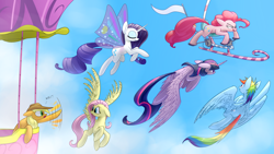 Size: 1920x1080 | Tagged: safe, artist:underpable, character:applejack, character:fluttershy, character:pinkie pie, character:rainbow dash, character:rarity, character:twilight sparkle, character:twilight sparkle (alicorn), species:alicorn, species:pegasus, species:pony, :o, blep, cute, eyes closed, female, flailing, floppy ears, flying, flying contraption, glimmer wings, helicopter, hot air balloon, looking back, mane six, mare, pedalcopter, sky, smiling, smirk, spread wings, tongue out, wallpaper, wide eyes, wings, worried