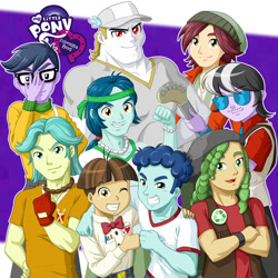 Size: 1000x1000 | Tagged: safe, artist:uotapo, character:bulk biceps, character:captain planet, character:curly winds, character:microchips, character:normal norman, character:ringo, character:sandalwood, character:wiz kid, equestria girls:rainbow rocks, g4, my little pony: equestria girls, my little pony:equestria girls, background human, beanie, brawly beats, care root, clothing, curlabetes, curly winds, equestria girls logo, glasses, grin, guitar, handsome, hat, looking at you, male, ringo, smiling, some blue guy, sunglasses, wink, wiz kid, wizabetes