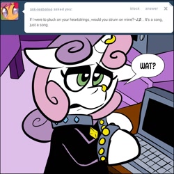 Size: 1280x1280 | Tagged: safe, artist:pembroke, character:scootaloo, character:sweetie belle, species:pegasus, species:pony, species:unicorn, meanie belle, horn piercing, lesboloo, nose piercing, piercing, tumblr