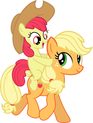 Size: 2686x3553 | Tagged: safe, artist:porygon2z, character:apple bloom, character:applejack, species:earth pony, species:pony, accessory swap, applejack's hat, clothing, cowboy hat, duo, female, filly, foal, hat, mare, ponies riding ponies, riding, simple background, sisters, transparent background, vector