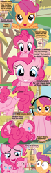 Size: 1120x3780 | Tagged: safe, artist:beavernator, character:pinkamena diane pie, character:pinkie pie, character:scootaloo, species:pegasus, species:pony, adoracreepy, asexual reproduction, baby, baby pie, baby pony, beavernator goes insane, birth, budding, comic, creepy, cute, cuteamena, diapinkes, eyes closed, filly, frown, grin, gritted teeth, lidded eyes, multeity, open mouth, ponidox, reproduction, self ponidox, smiling, the birds and the bees, the talk, too much pink energy is dangerous, wat, wide eyes