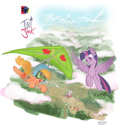 Size: 770x813 | Tagged: safe, artist:jowyb, character:applejack, character:twilight sparkle, character:twilight sparkle (alicorn), species:alicorn, species:pony, ship:twijack, female, hang gliding, lesbian, mare, shipping
