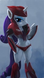 Size: 711x1239 | Tagged: safe, artist:grissaecrim, character:rarity, armor, bipedal, cosplay, female, knock out, solo, transformers, transformers prime