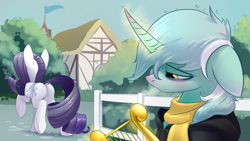 Size: 1920x1080 | Tagged: safe, artist:underpable, character:lyra heartstrings, character:rarity, species:pony, species:unicorn, fanfic:background pony, bush, clothing, cold, dig the swell hoodie, dock, fanfic art, female, fence, flag, hoodie, horn blush, lyre, mare, plot, raised hoof, sad, scarf, sick, underhoof, wallpaper
