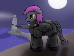 Size: 964x730 | Tagged: safe, artist:the-furry-railfan, oc, oc only, oc:crash dive, species:pegasus, species:pony, fallout equestria, armor, building, enclave armor, fallout equestria: empty quiver, grand pegasus enclave, harpoon, lighthouse, moon, night, ocean, power armor, ship, soldier, solo, spear gun