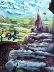 Size: 698x929 | Tagged: safe, artist:jowyb, character:rainbow dash, species:pegasus, species:pony, airship, canterlot, canterlot mountain, cloud, cloudy, female, flying, mountain, peak, rain, scenery, solo