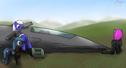 Size: 1280x698 | Tagged: safe, artist:the-furry-railfan, oc, oc only, oc:crash dive, oc:night strike, oc:static charge, species:earth pony, species:pegasus, species:pony, fallout equestria, aircraft, autocannon, bomber, cannon, clothing, cockpit, enclave armor, fallout equestria: empty quiver, field, grand pegasus enclave, power armor, sitting, story, turret, wreck, xb/a-1 valkyrie