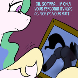 Size: 576x576 | Tagged: safe, artist:pembroke, artist:wiggles, character:king sombra, character:princess celestia, species:alicorn, species:pony, species:unicorn, ship:celestibra, ask king sombra, butt, eyes on the prize, female, frown, male, picture, plot, sad, shipping, sombutt, straight