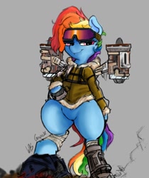 Size: 902x1075 | Tagged: safe, artist:greyscaleart, character:rainbow dash, species:pony, amputee, augmented, bipedal, clothing, female, glasses, goggles, implied amputation, jacket, jetpack, looking at you, machine, mare, prosthetic leg, prosthetic limb, prosthetic wing, prosthetics, signature, solo, standing, sunglasses