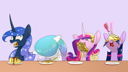 Size: 1920x1080 | Tagged: safe, artist:underpable, character:princess cadance, character:princess celestia, character:princess luna, character:twilight sparkle, character:twilight sparkle (alicorn), species:alicorn, species:pony, alicorn tetrarchy, crepe, cute, derp, doubly hilarious in hindsight, eating, eyes on the prize, female, food, gentlemen, hilarious in hindsight, horn impalement, i'm pancake, levitation, magic, majestic as fuck, mare, messy eating, morning ponies, nom, nose wrinkle, op is psychic, open mouth, pancakes, prize on the eyes, silly, silly pony, smiling, stuffing, syrup, telekinesis, tongue out, wallpaper, wide eyes