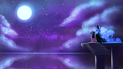 Size: 1920x1080 | Tagged: safe, artist:underpable, character:nightmare moon, character:princess luna, character:twilight sparkle, character:twilight sparkle (alicorn), species:alicorn, species:pony, ship:twimoon, female, mare, moon, night, night sky, reflection, scenery, sitting, sky, stairs, stars, wallpaper, watching, water