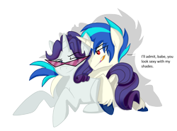 Size: 2369x1753 | Tagged: safe, artist:chub-wub, character:dj pon-3, character:rarity, character:vinyl scratch, dialogue, eluscrape, elusive, gay, male, rariscratch, record scrape, rule 63, shipping, simple background, sunglasses, transparent background