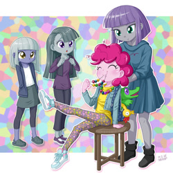 Size: 1000x1000 | Tagged: safe, artist:uotapo, character:boneless, character:gummy, character:limestone pie, character:marble pie, character:maud pie, character:pinkie pie, my little pony:equestria girls, :o, annie, annie (2014 movie), blushing, clothing, cute, diapinkes, equestria girls-ified, eyes closed, female, gummybetes, limabetes, little orphan annie, marblebetes, maudabetes, messy mane, mosaic background, pants, pie sisters, pie twins, rubber chicken, shoes, siblings, sisters, sitting, smiling, sneakers, stool, uotapo is trying to murder us, weapons-grade cute, when she smiles, younger