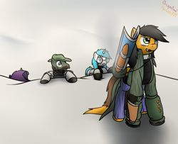 Size: 1209x980 | Tagged: safe, artist:the-furry-railfan, oc, oc only, oc:cross stitch, oc:minty candy, oc:moral fringe, oc:twintails, species:pegasus, species:pony, species:unicorn, fallout equestria, balefire bomb, balefire egg launcher, clothing, fallout equestria: occupational hazards, glasses, gun, heavy weapon, luger, pistol, power armor, rifle, snow, steel ranger, steel rangers, story
