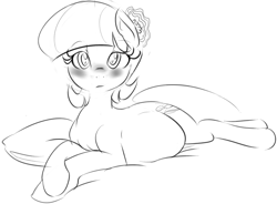 Size: 1055x777 | Tagged: safe, artist:zev, character:coco pommel, belly, blushing, coco preggo, female, grayscale, looking at you, monochrome, pregnant, prone, solo