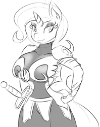 Size: 710x897 | Tagged: safe, artist:zev, character:trixie, species:anthro, armor, breasts, busty trixie, female, grayscale, monochrome, solo
