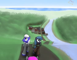 Size: 1280x996 | Tagged: safe, artist:the-furry-railfan, oc, oc only, oc:night strike, oc:static charge, species:earth pony, species:pegasus, species:pony, fallout equestria, boat, clothing, duffle bag, fallout equestria: empty quiver, forest, hill, ocean, river, road, town, tree