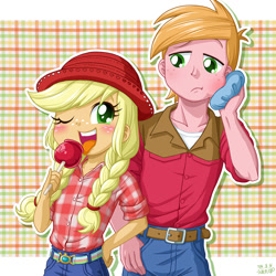 Size: 1000x1000 | Tagged: safe, artist:uotapo, character:applejack, character:big mcintosh, my little pony:equestria girls, alternate costumes, candy apple (food), clothing, cute, hat, ice pack, macabetes, my girl, toothache, uotapo is trying to murder us, younger