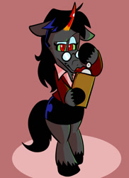 Size: 576x792 | Tagged: safe, artist:pembroke, artist:wiggles, character:king sombra, ask king sombra, blouse, clipboard, clothing, crossdressing, eyeshadow, glasses, lipstick, makeup, skirt