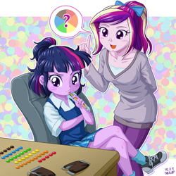 Size: 1000x1000 | Tagged: safe, artist:uotapo, character:princess cadance, character:twilight sparkle, my little pony:equestria girls, blushing, candy, chair, child, chocolate, clothing, confused, crossed legs, cute, equestria girls-ified, female, food, m&m's, ocd, oliver and company, open mouth, pants, pencil, polka dots, ponytail, shoes, sitting, sneakers, socks, teen princess cadance, twiabetes, uotapo is trying to murder us, younger