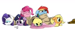 Size: 1744x721 | Tagged: safe, artist:greyscaleart, character:applejack, character:fluttershy, character:pinkie pie, character:rainbow dash, character:rarity, character:twilight sparkle, blanket, blanket burrito, colored, cute, dashabetes, dawwww, diapinkes, eyes closed, jackabetes, mane six, missing accessory, profile, prone, raribetes, sad, sadorable, shyabetes, twiabetes, upside down