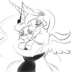 Size: 880x892 | Tagged: safe, artist:zev, character:princess celestia, character:princess luna, species:anthro, blushing, breasts, busty princess celestia, cleavage, clothing, dress, female, grayscale, hug, monochrome, smiling