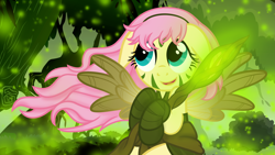 Size: 2560x1440 | Tagged: safe, artist:beavernator, character:fluttershy, cosplay, fantasy class, female, magic the gathering, nissa revane, planeswalker, solo, staff, wallpaper
