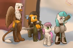 Size: 1280x855 | Tagged: safe, artist:the-furry-railfan, character:sweetie belle, oc, oc:bloodbeak, oc:minty candy, oc:twintails, species:griffon, species:pegasus, species:pony, species:unicorn, fallout equestria, sweetie bot, armor, b.a.r., balefire egg launcher, clothing, cyborg, drinking, fallout equestria: occupational hazards, gun, rifle, robot, robot pony, ruins, snow, story, story included, tommy gun, trigger discipline