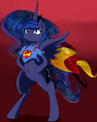 Size: 1608x2015 | Tagged: safe, artist:zev, character:princess luna, species:alicorn, species:pony, belly button, bipedal, cosplay, female, solo, superman