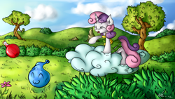 Size: 3840x2160 | Tagged: safe, artist:neko-me, character:sweetie belle, :3, apple bloomers, clothing, cloud, cloudy, eyes closed, open mouth, potion, slime, throwing
