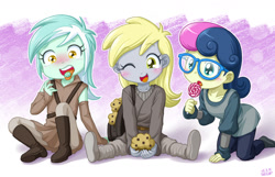 Size: 1314x844 | Tagged: safe, artist:uotapo, character:bon bon, character:derpy hooves, character:lyra heartstrings, character:sweetie drops, my little pony:equestria girls, :o, adorabon, blushing, boots, candy, crossover, cute, derpabetes, female, food, glasses, jedi, lollipop, lyrabetes, mint, muffin, one eye closed, open mouth, padawan, shoes, sitting, smiling, star wars, tongue out, twisted bon bon, uotapo is trying to murder us, uotapo will kill us all, wide eyes, wink, younger