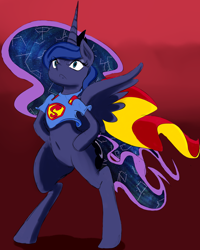 Size: 1608x2015 | Tagged: safe, artist:zev, character:princess luna, species:pony, belly button, bipedal, female, solo, superman