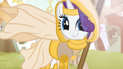 Size: 5120x2880 | Tagged: safe, artist:beavernator, character:rarity, species:pony, species:unicorn, g4, absurd resolution, cosplay, elspeth tirel, female, looking at you, magic the gathering, mare, planeswalker, smiling, smiling at you, solo