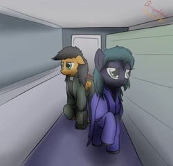 Size: 1280x1229 | Tagged: safe, artist:the-furry-railfan, oc, oc only, oc:elder quazar, oc:twintails, species:earth pony, species:pegasus, species:pony, fallout equestria, bunker, clothing, corridor, fallout equestria: occupational hazards, indoors, pipbuck, steel ranger, steel rangers, story