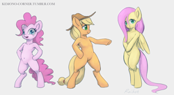 Size: 1280x700 | Tagged: safe, artist:grissaecrim, character:applejack, character:fluttershy, character:pinkie pie, species:pony, belly button, bipedal, semi-anthro