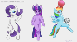 Size: 1280x700 | Tagged: safe, artist:grissaecrim, character:rainbow dash, character:rarity, character:twilight sparkle, character:twilight sparkle (alicorn), species:alicorn, species:pony, belly button, bipedal, football, semi-anthro