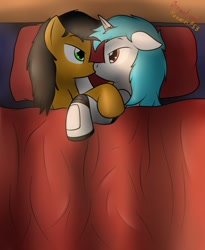 Size: 1051x1280 | Tagged: safe, artist:the-furry-railfan, oc, oc only, oc:minty candy, oc:twintails, species:pegasus, species:pony, species:unicorn, fallout equestria, bed, cyborg, fallout equestria: occupational hazards, gay, in bed, kissing, male, story