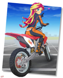 Size: 1000x1225 | Tagged: safe, artist:uotapo, character:sunset shimmer, species:human, my little pony:equestria girls, bunset shimmer, clothing, cute, dirt bike, female, gloves, heart, jumpsuit, looking at you, motorcycle, motorcycle outfit, one eye closed, racing suit, shimmerbetes, smiling, solo, wink