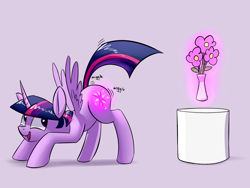 Size: 1024x768 | Tagged: safe, artist:underpable, character:twilight sparkle, character:twilight sparkle (alicorn), species:alicorn, species:pony, butt shake, cutie mark magic, derpin daily, face down ass up, female, flower, levitation, literal, looking back, magic, mare, open mouth, plot, pun, smiling, solo, spread wings, telekinesis, twibutt, visual gag, wat, wiggle, wings
