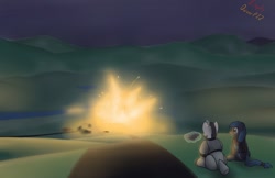 Size: 1280x828 | Tagged: safe, artist:the-furry-railfan, oc, oc only, oc:night strike, oc:scouring charge, species:pegasus, species:pony, species:unicorn, fallout equestria, clothing, detonator, explosion, explosives, fallout equestria: empty quiver, fireball, night, power armor, river, steel ranger, steel rangers, story